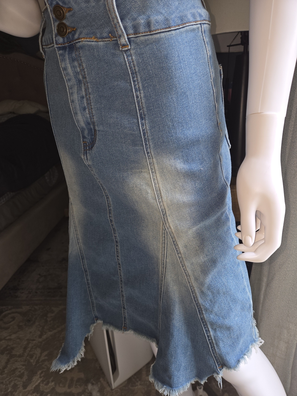 Machine Distressed Light Blue Denim Midi Skirt